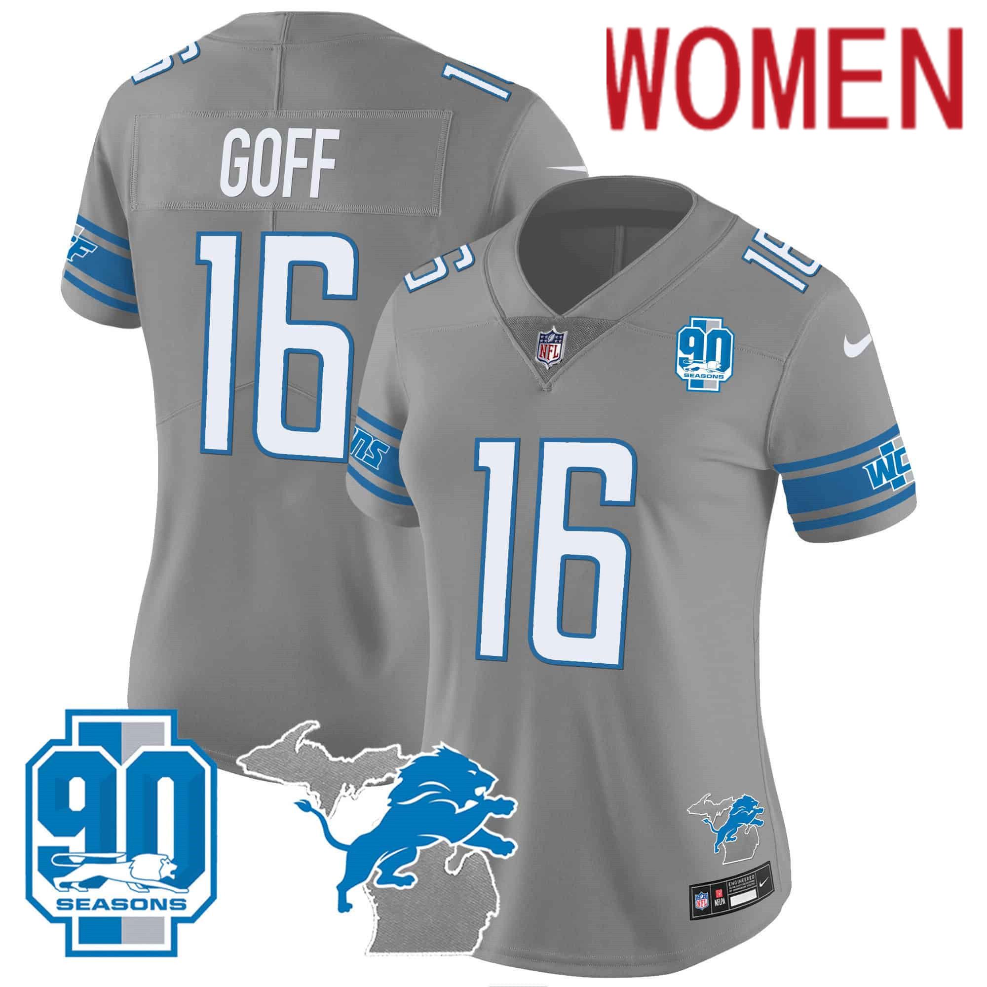 Women Detroit Lions #16 Goff Grey 2024 Nike 90th Year Michigan Patch Vapor NFL Jersey